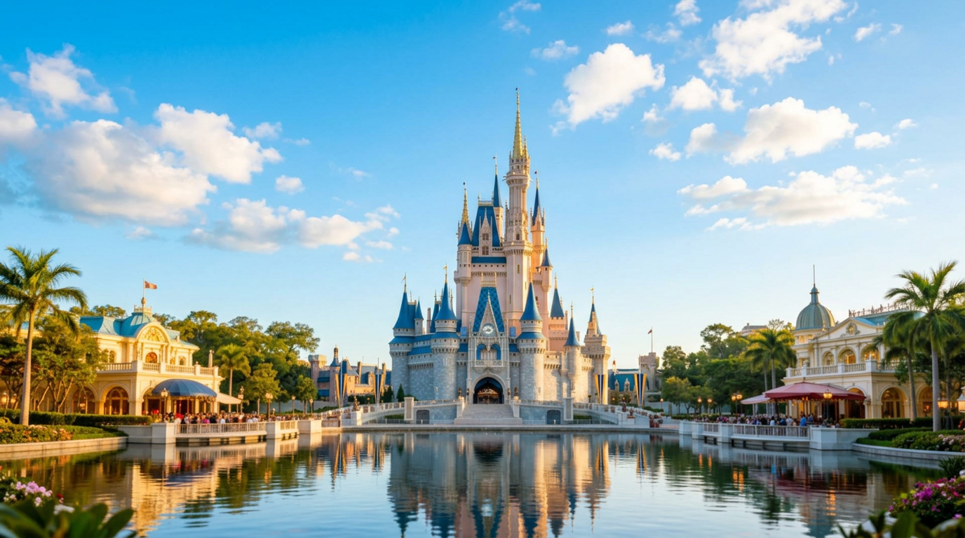Magical Disney castle at twilight with fireworks