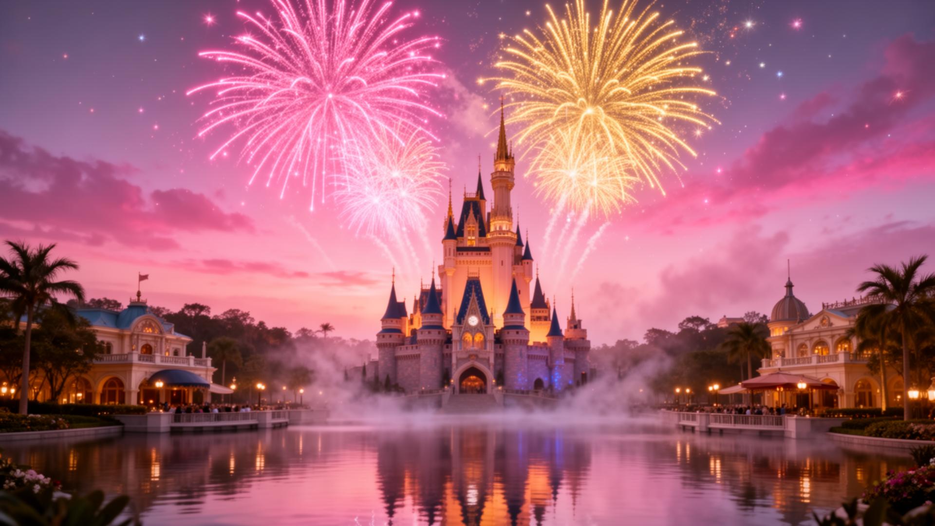 Magical Disney castle at twilight with fireworks